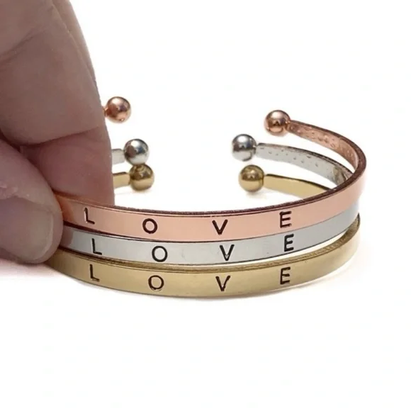 $3/20 Love Bracelets Triple Stacking Stamped Word Metal Cuffs Tri Color - Picture 3 of 7
